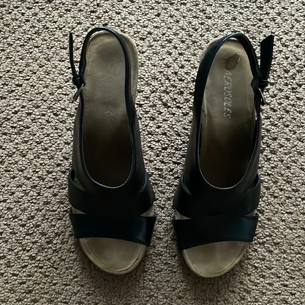 Black aerosoles  sandals with cork wedge heel. Women’s size 8